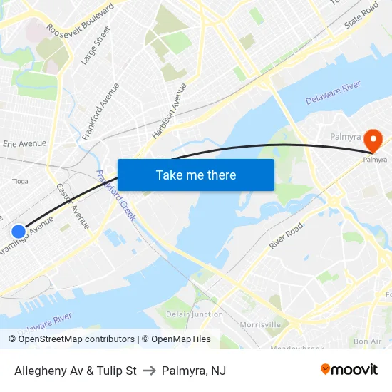 Allegheny Av & Tulip St to Palmyra, NJ map