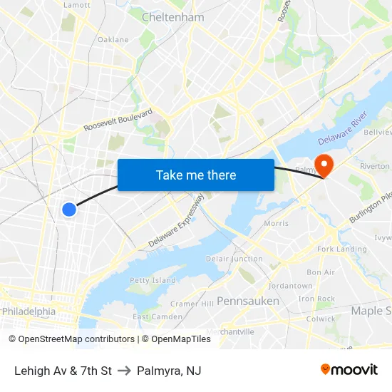 Lehigh Av & 7th St to Palmyra, NJ map