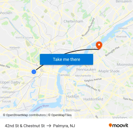 42nd St & Chestnut St to Palmyra, NJ map