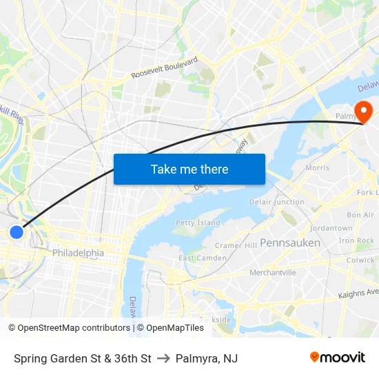 Spring Garden St & 36th St to Palmyra, NJ map