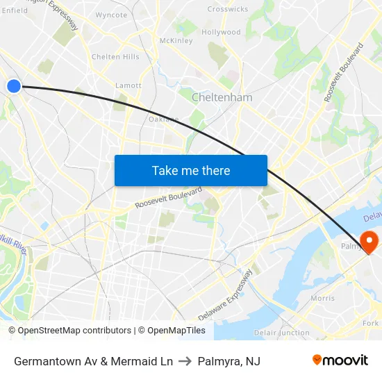 Germantown Av & Mermaid Ln to Palmyra, NJ map