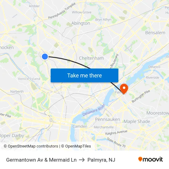 Germantown Av & Mermaid Ln to Palmyra, NJ map