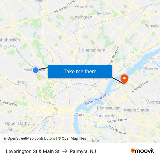 Leverington St & Main St to Palmyra, NJ map