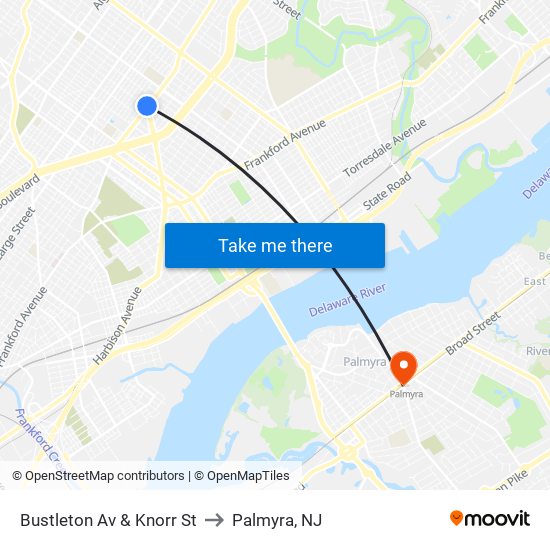Bustleton Av & Knorr St to Palmyra, NJ map