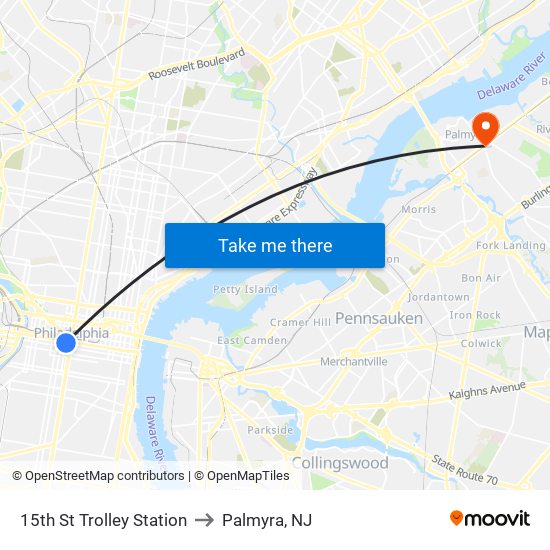 15th St Trolley Station to Palmyra, NJ map