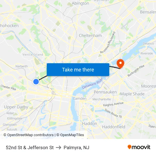 52nd St & Jefferson St to Palmyra, NJ map