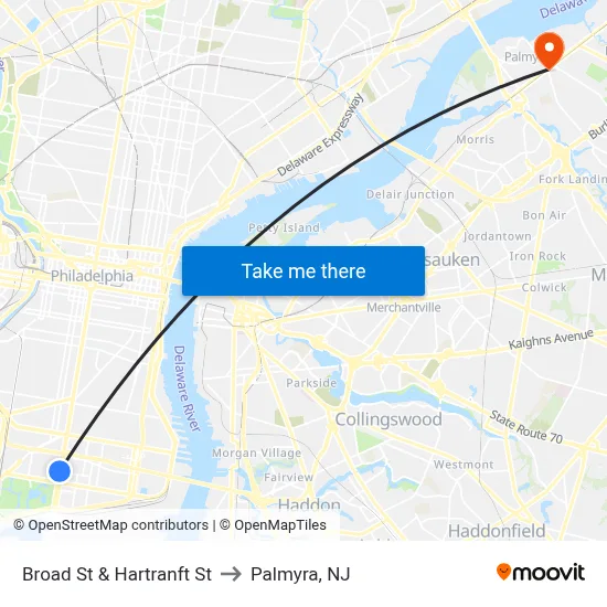 Broad St & Hartranft St to Palmyra, NJ map