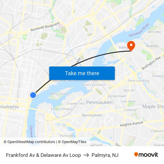 Frankford Av & Delaware Av Loop to Palmyra, NJ map