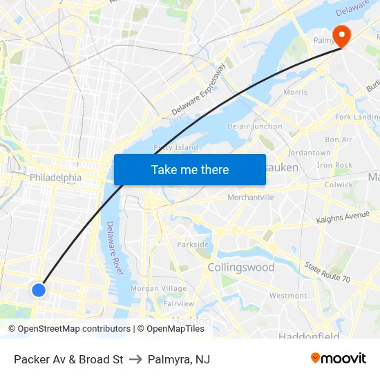 Packer Av & Broad St to Palmyra, NJ map