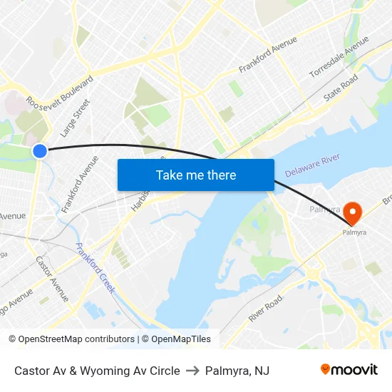 Castor Av & Wyoming Av Circle to Palmyra, NJ map