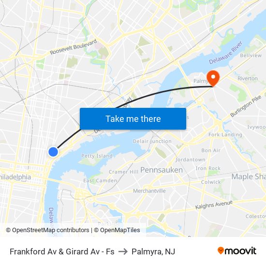 Frankford Av & Girard Av - Fs to Palmyra, NJ map