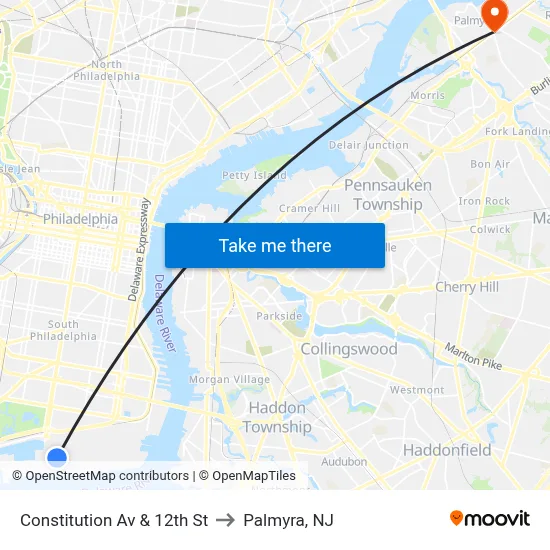 Constitution Av & 12th St to Palmyra, NJ map