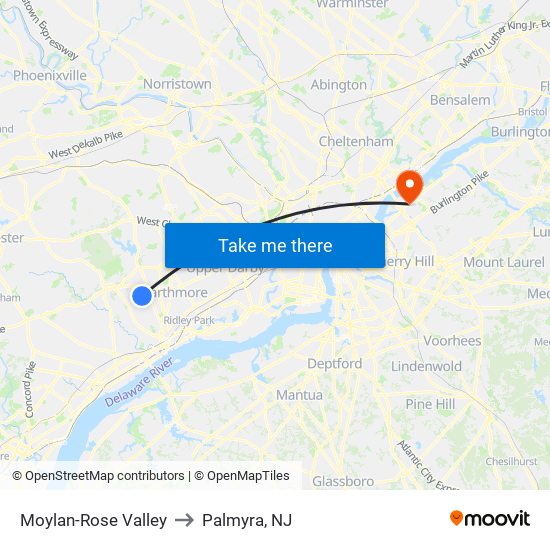 Moylan-Rose Valley to Palmyra, NJ map