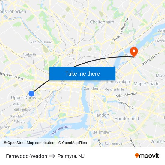 Fernwood-Yeadon to Palmyra, NJ map