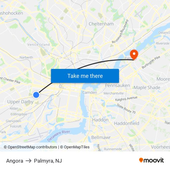 Angora to Palmyra, NJ map