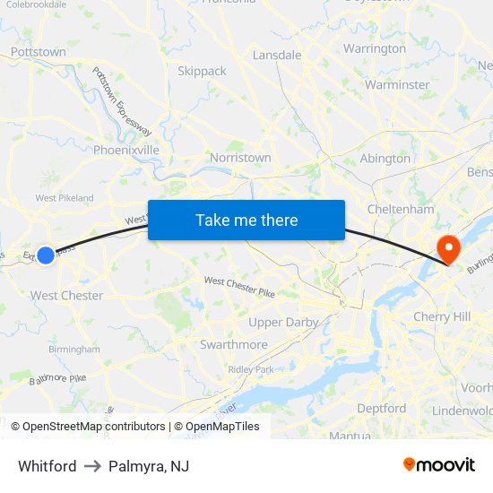 Whitford to Palmyra, NJ map