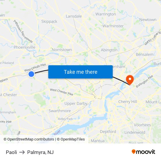 Paoli to Palmyra, NJ map