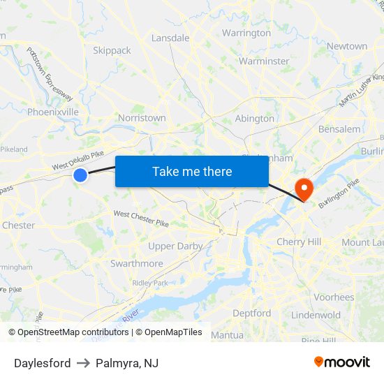 Daylesford to Palmyra, NJ map