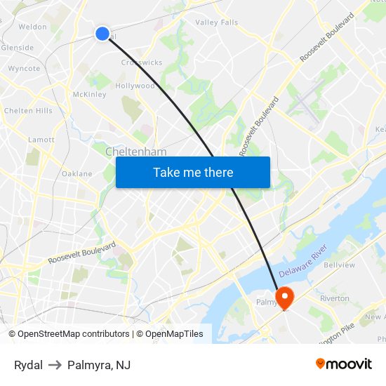 Rydal to Palmyra, NJ map