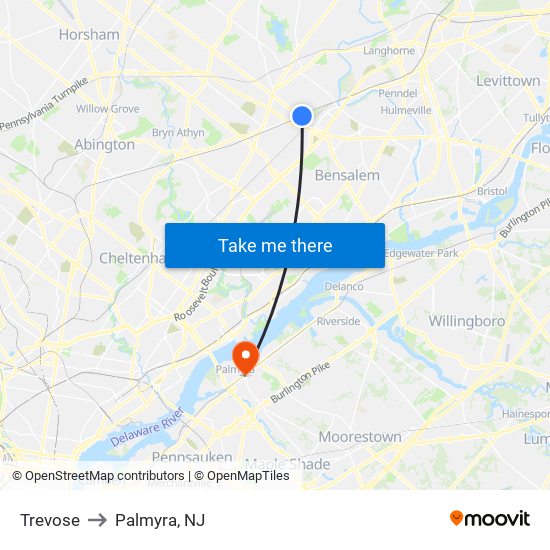 Trevose to Palmyra, NJ map