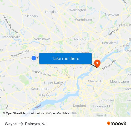 Wayne to Palmyra, NJ map