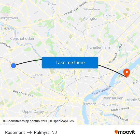 Rosemont to Palmyra, NJ map