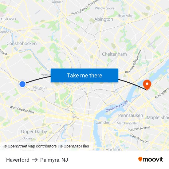 Haverford to Palmyra, NJ map