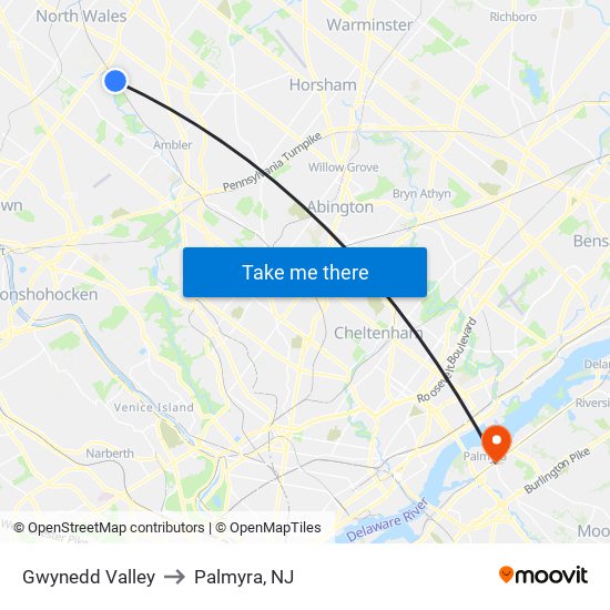 Gwynedd Valley to Palmyra, NJ map