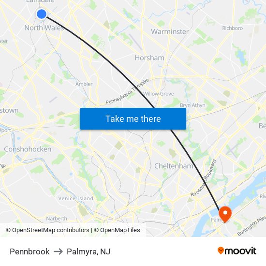 Pennbrook to Palmyra, NJ map