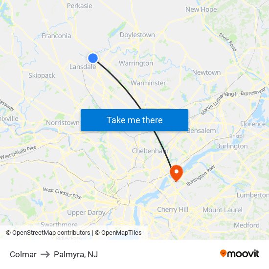 Colmar to Palmyra, NJ map