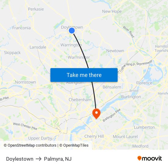 Doylestown to Palmyra, NJ map