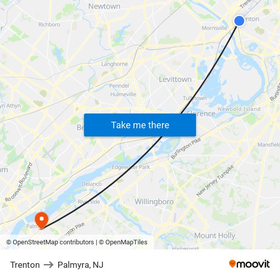 Trenton to Palmyra, NJ map
