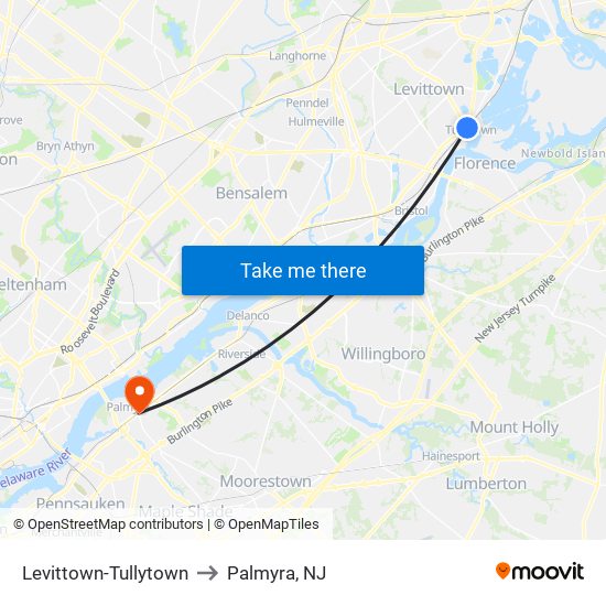 Levittown-Tullytown to Palmyra, NJ map