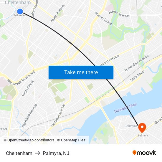 Cheltenham to Palmyra, NJ map