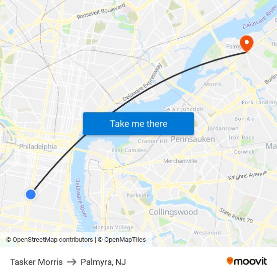 Tasker Morris to Palmyra, NJ map