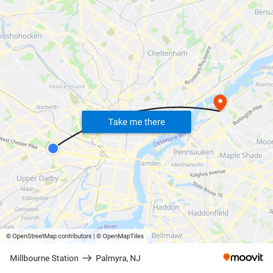 Millbourne Station to Palmyra, NJ map