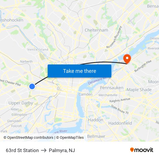 63rd St Station to Palmyra, NJ map