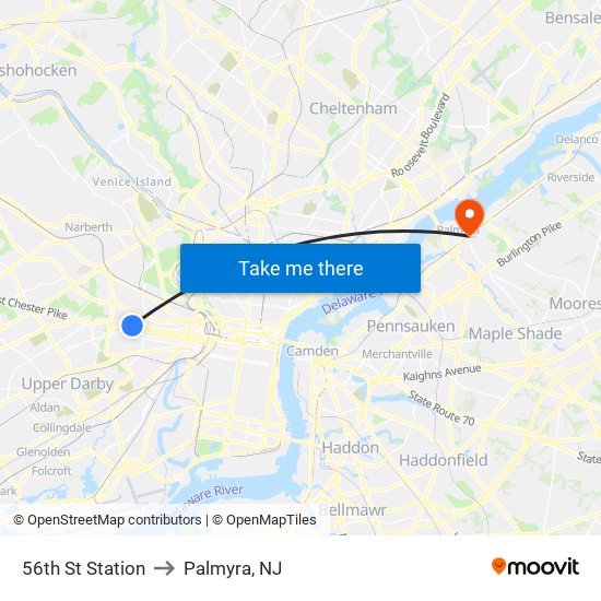 56th St Station to Palmyra, NJ map