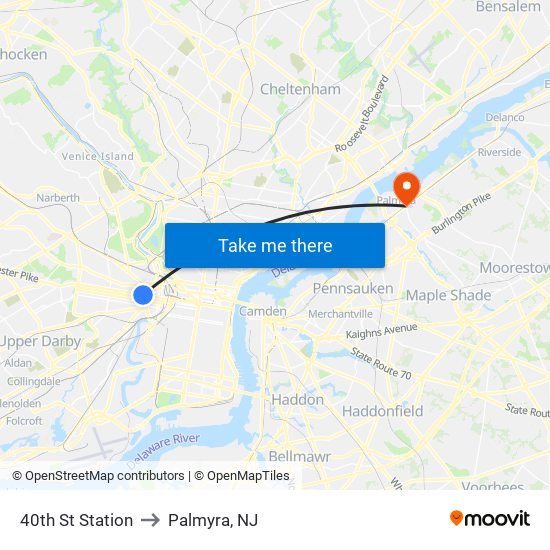 40th St Station to Palmyra, NJ map