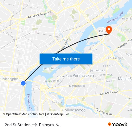 2nd St Station to Palmyra, NJ map