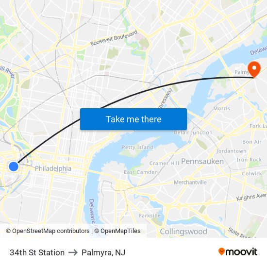 34th St Station to Palmyra, NJ map