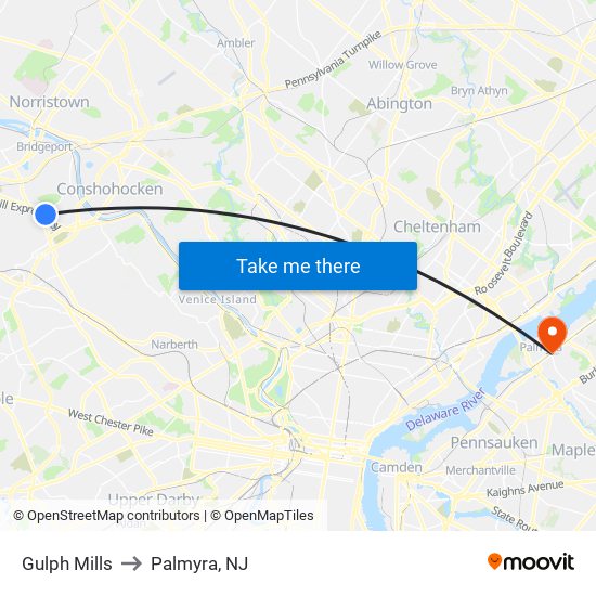 Gulph Mills to Palmyra, NJ map