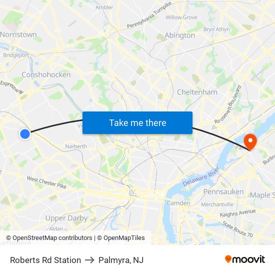 Roberts Rd Station to Palmyra, NJ map