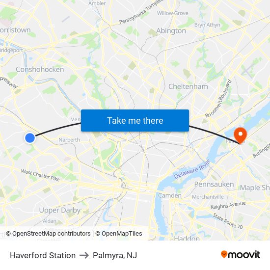 Haverford Station to Palmyra, NJ map