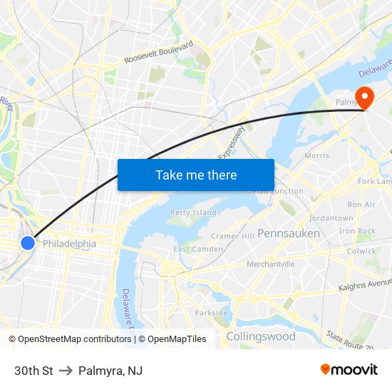 30th St to Palmyra, NJ map