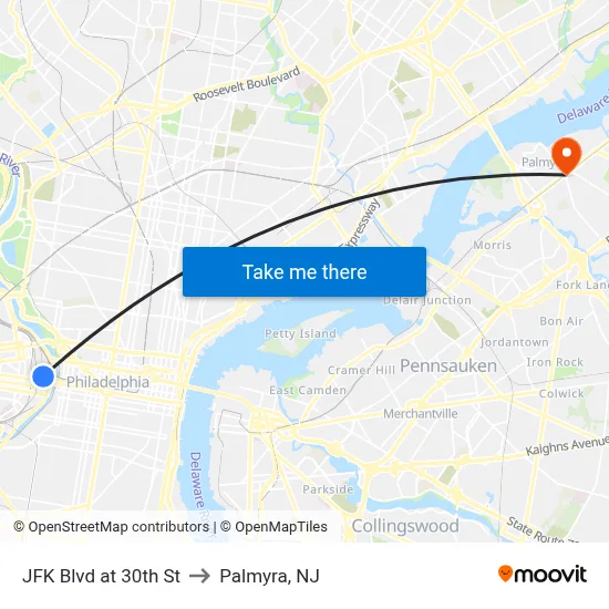 JFK Blvd at 30th St to Palmyra, NJ map