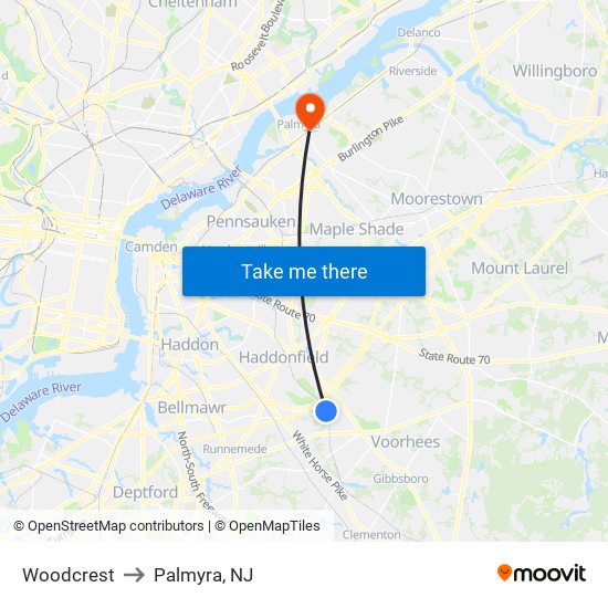 Woodcrest to Palmyra, NJ map