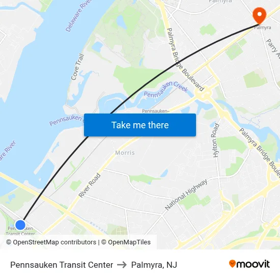 Pennsauken Transit Center to Palmyra, NJ map