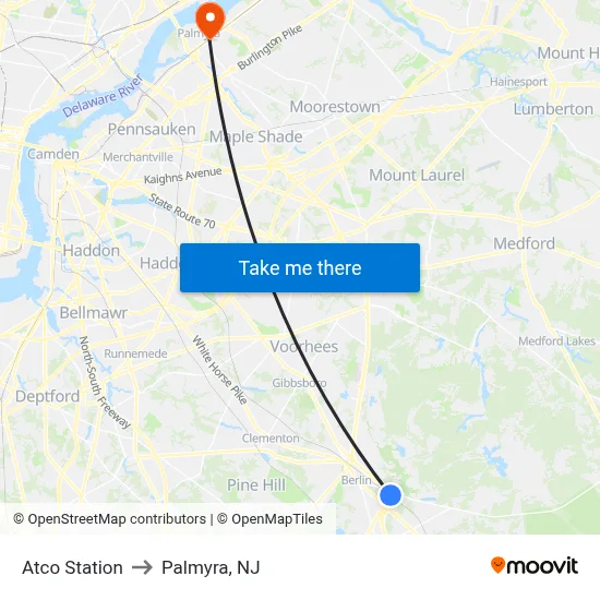 Atco Station to Palmyra, NJ map