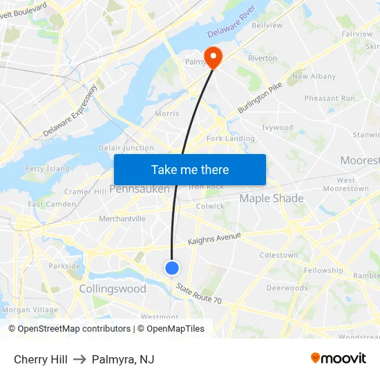 Cherry Hill to Palmyra, NJ map